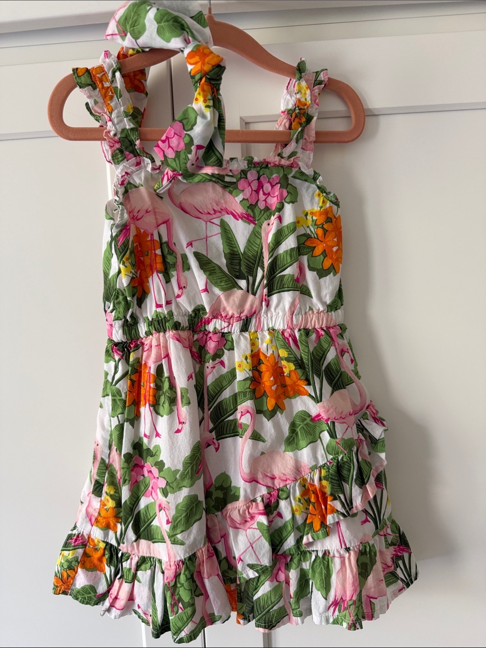 Janie and Jack White Tropical Flamingo Ruffle Dress with Matching Headband